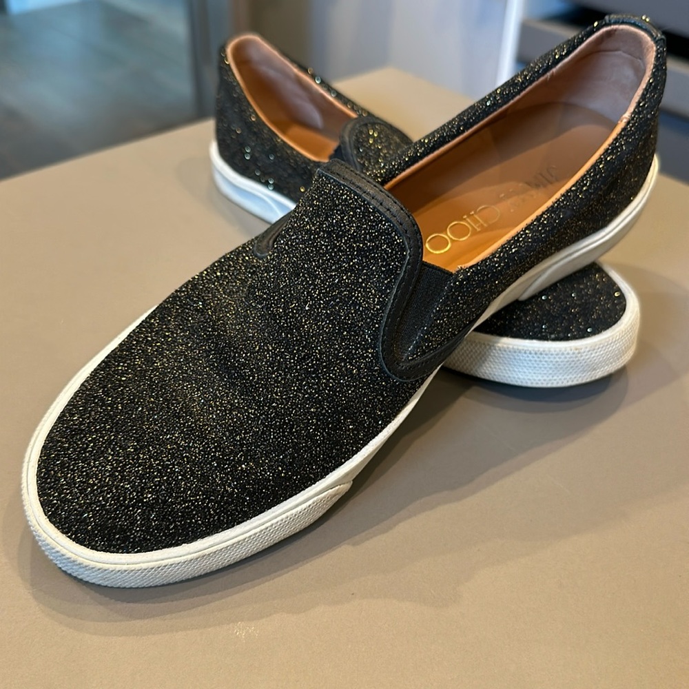 Jimmy Choo black and gold glittery slip on shoe